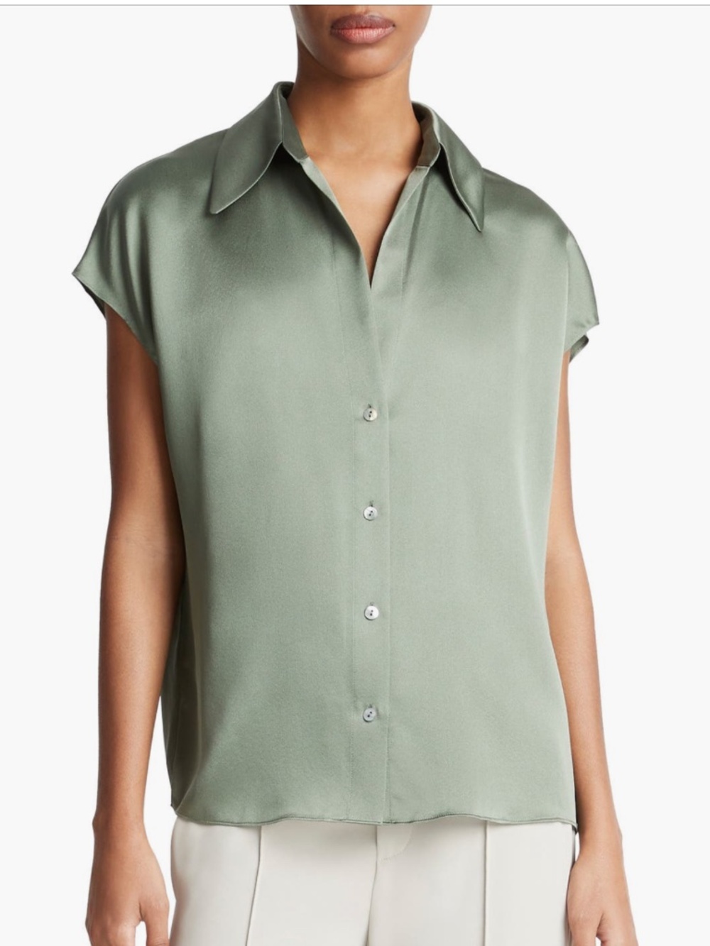 Vince Cap Sleeve Gathered Back Short Sleeve Silk Button-Up Shirt Size S